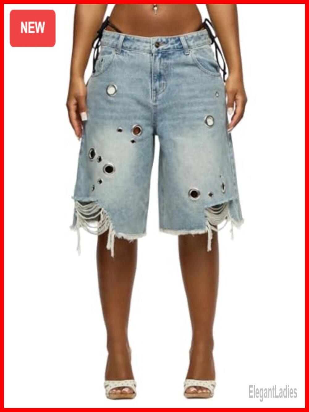 Women's Denim Bermuda Shorts Baggy Wide Leg Distressed Ripped Jorts